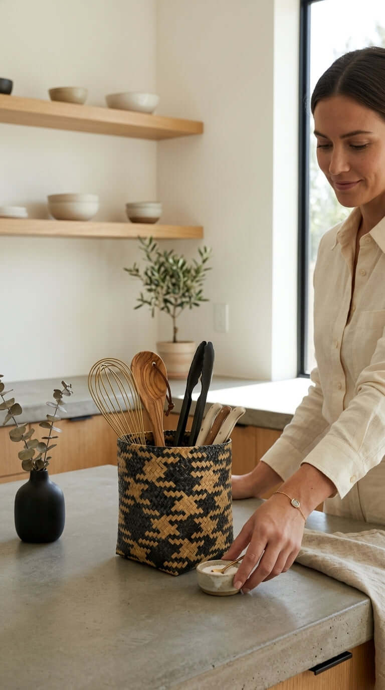 Woman organizing kitchen with MA YA VEE Wicker Utensil Basket (Set of 2) holding kitchen utensils.