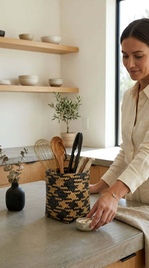 Woman organizing kitchen with MA YA VEE Wicker Utensil Basket (Set of 2) holding kitchen utensils.