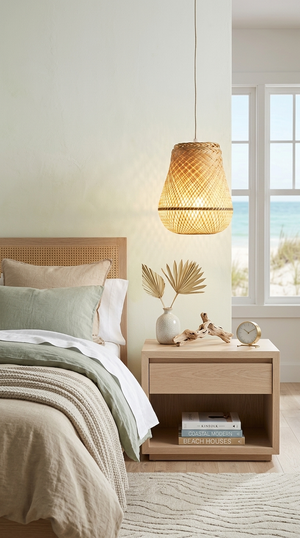 Bamboo Pendant Light Shade, Handwoven in Thailand, Compact, 19 cm - NAT, shown in a room