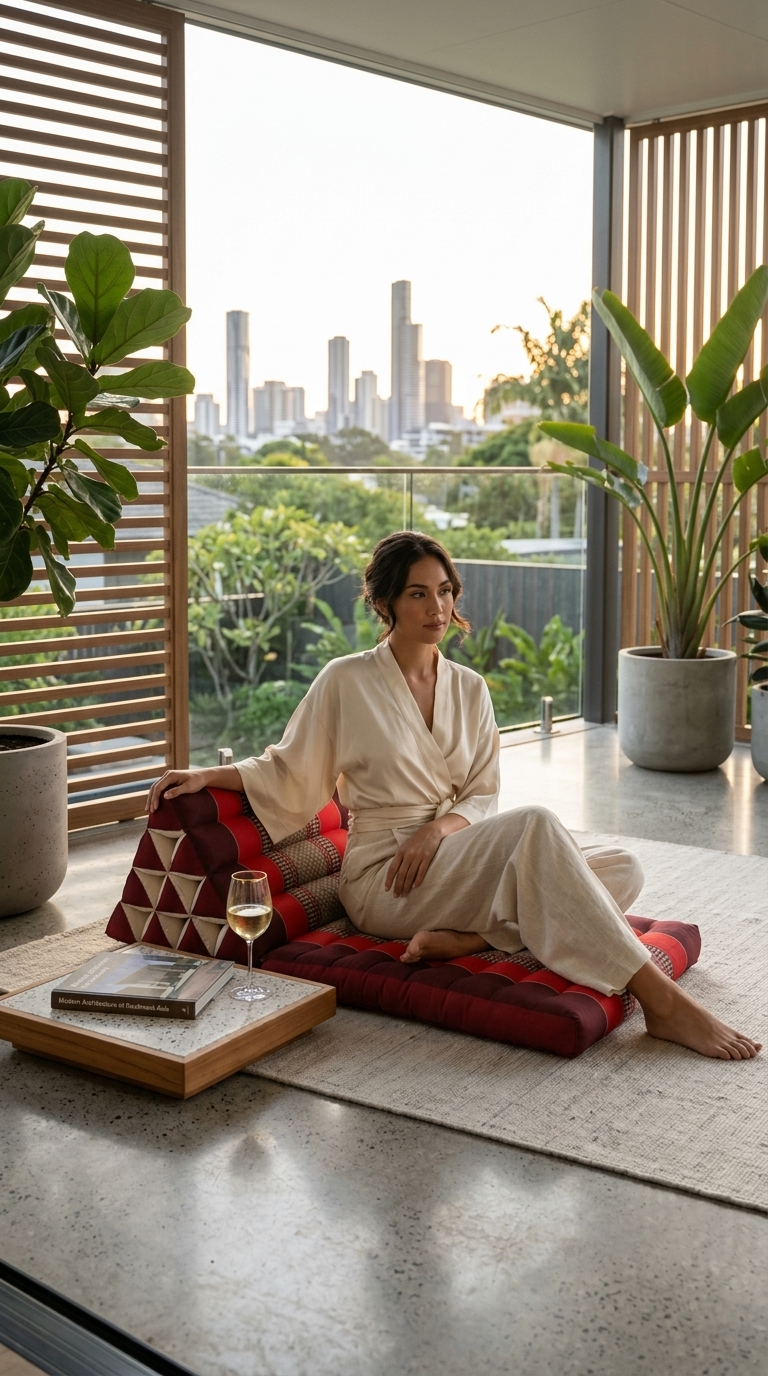 Dark Red Cotton Thai Triangle Cushion 1-Fold — Boho Foldable Floor Pillow for Meditation