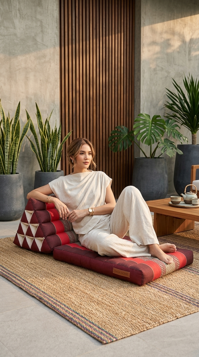 Dark Red Cotton Thai Triangle Cushion 1-Fold — Boho Foldable Floor Pillow for Meditation