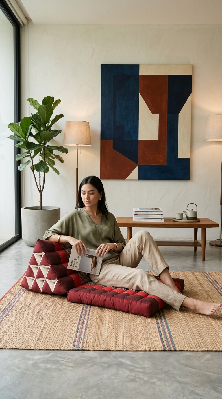 Dark Red Cotton Thai Triangle Cushion 1-Fold — Boho Foldable Floor Pillow for Meditation
