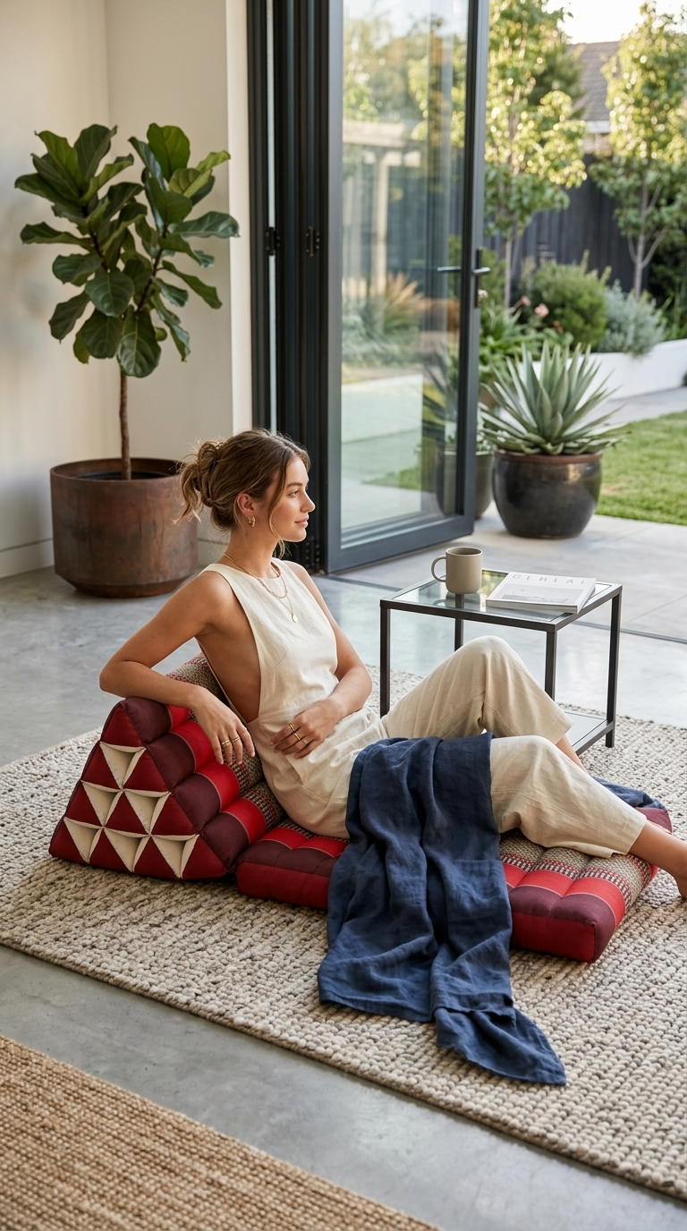 Dark Red Cotton Thai Triangle Cushion 1-Fold — Boho Foldable Floor Pillow for Meditation