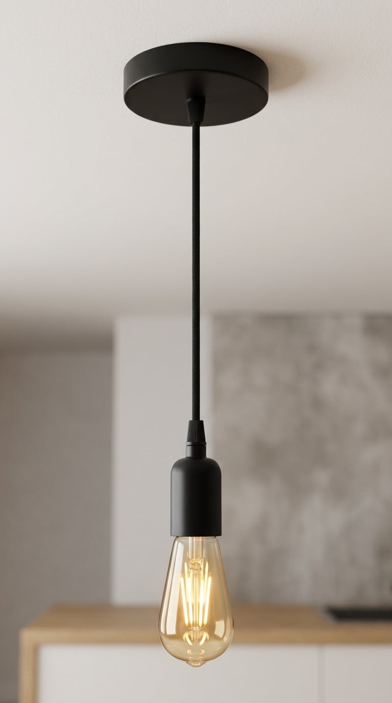 Pendant Light Kit with Fabric Cord | E27 Ceiling Light Cord Set (Black)