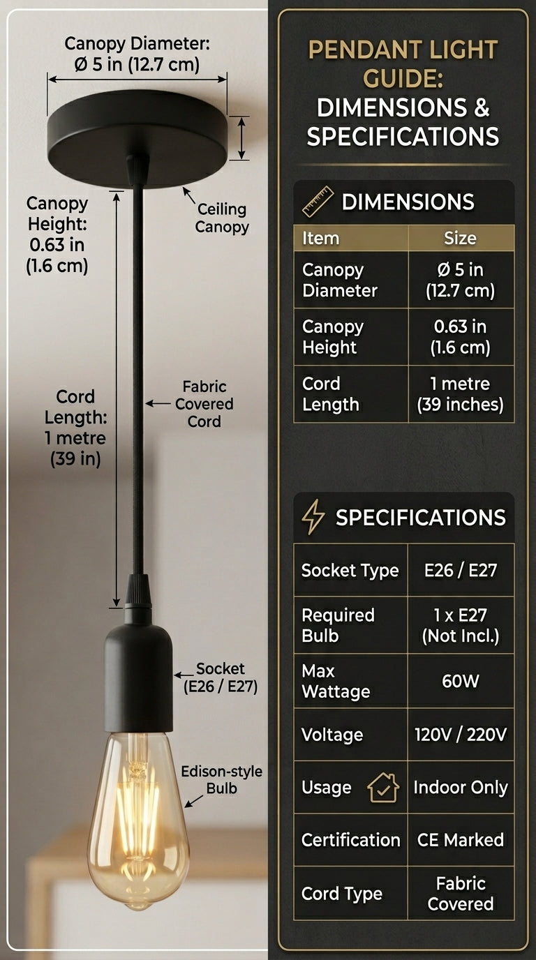 Pendant Light Kit with Fabric Cord | E27 Ceiling Light Cord Set (Black)