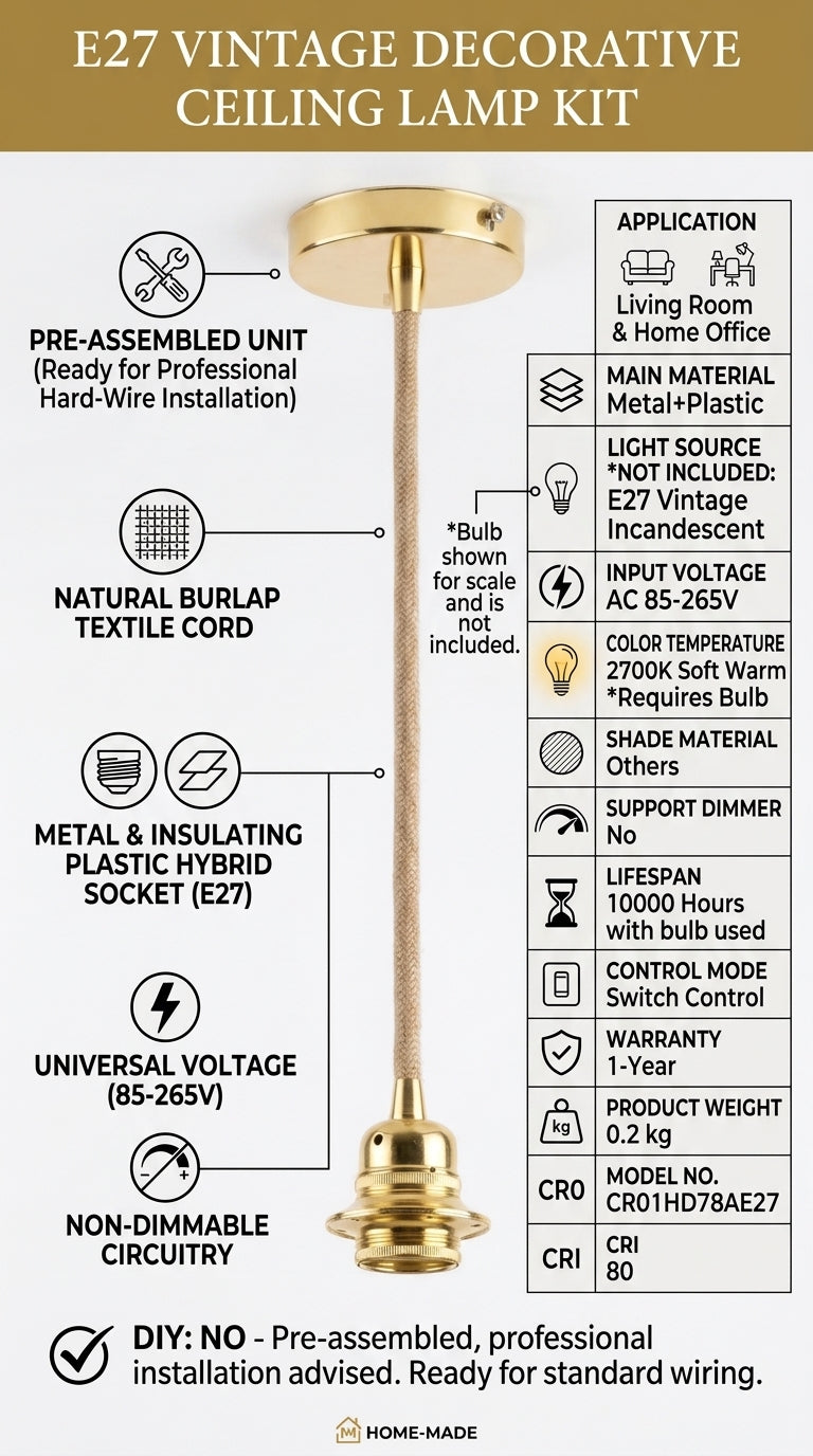 Pendant Light Kit with Hemp Cord | E27 Ceiling Rose & Lamp Holder Set (Gold and Natural)