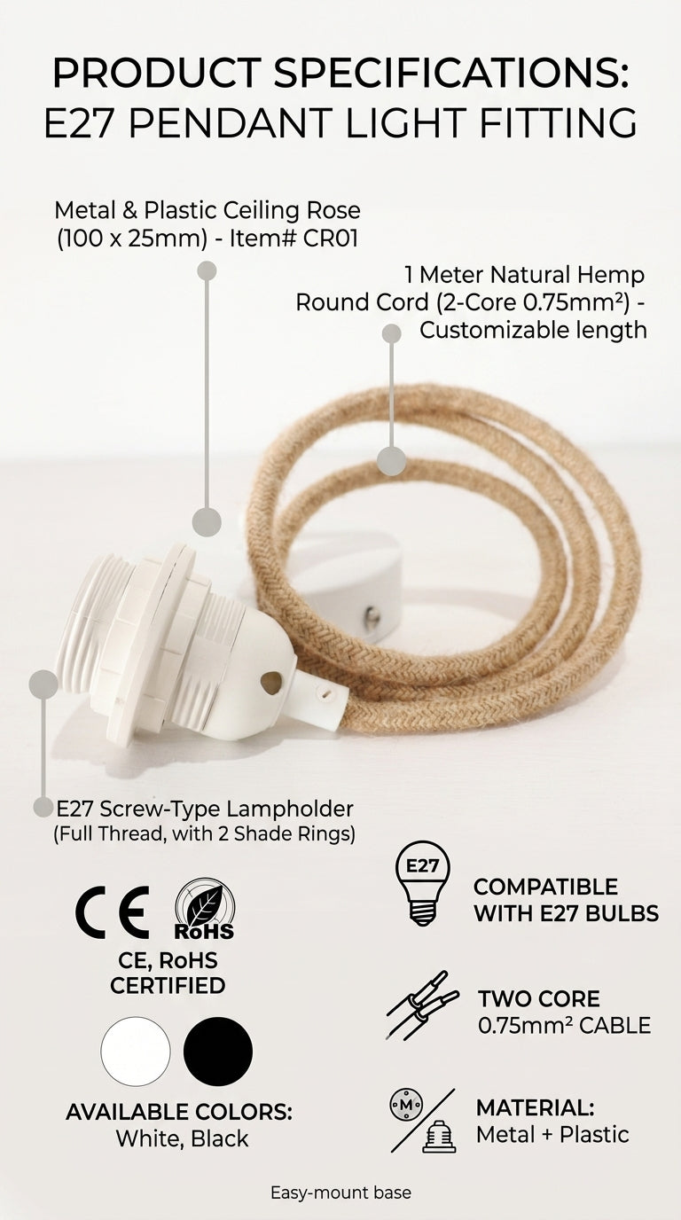 Pendant Light Kit with Hemp Fabric Cord | E27 Ceiling Rose & Lamp Holder Set (White and Natural)