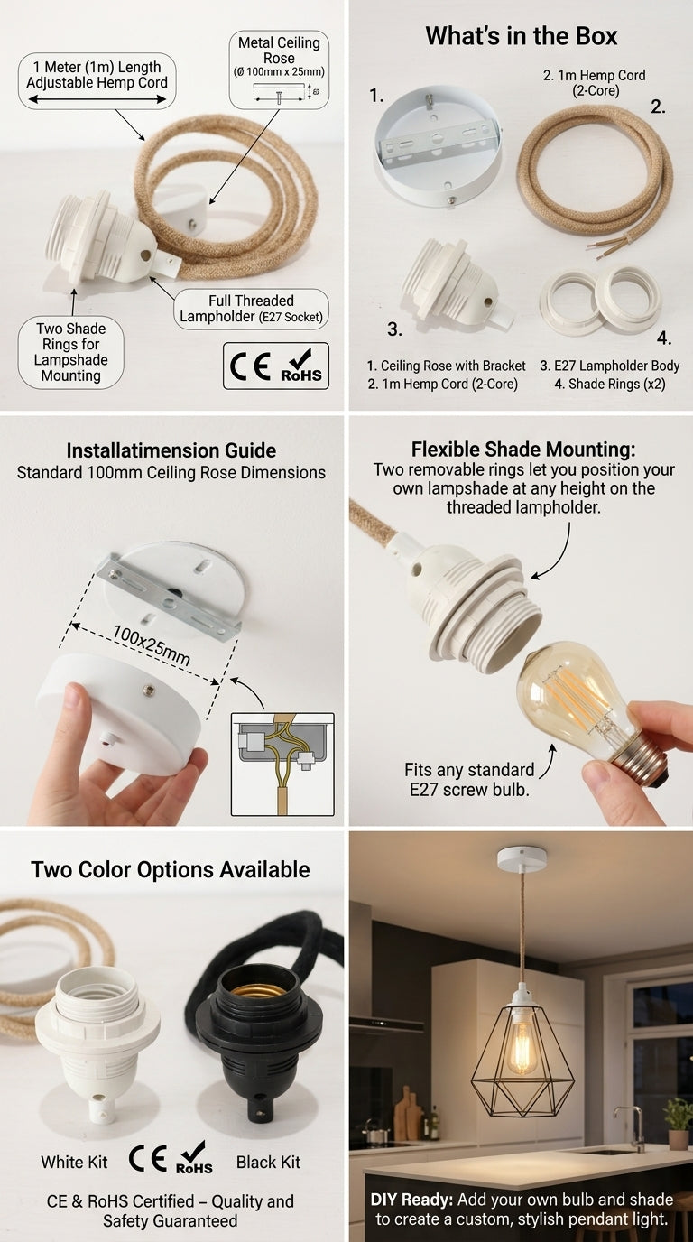 Pendant Light Kit with Hemp Fabric Cord | E27 Ceiling Rose & Lamp Holder Set (White and Natural)