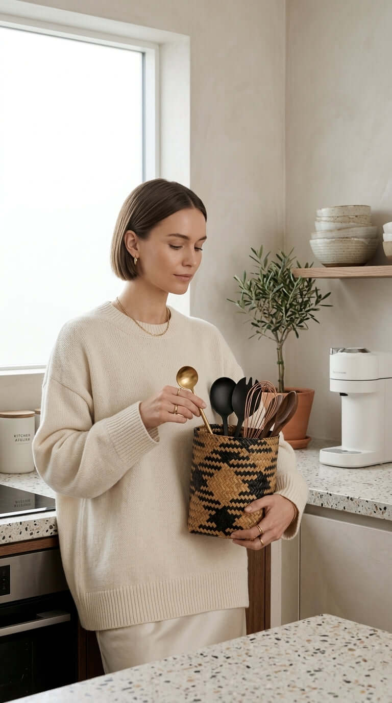 A woman holding the ROM RA WIN Wicker Utensil Basket (Set of 2) filled with kitchen utensils in a stylish kitchen.