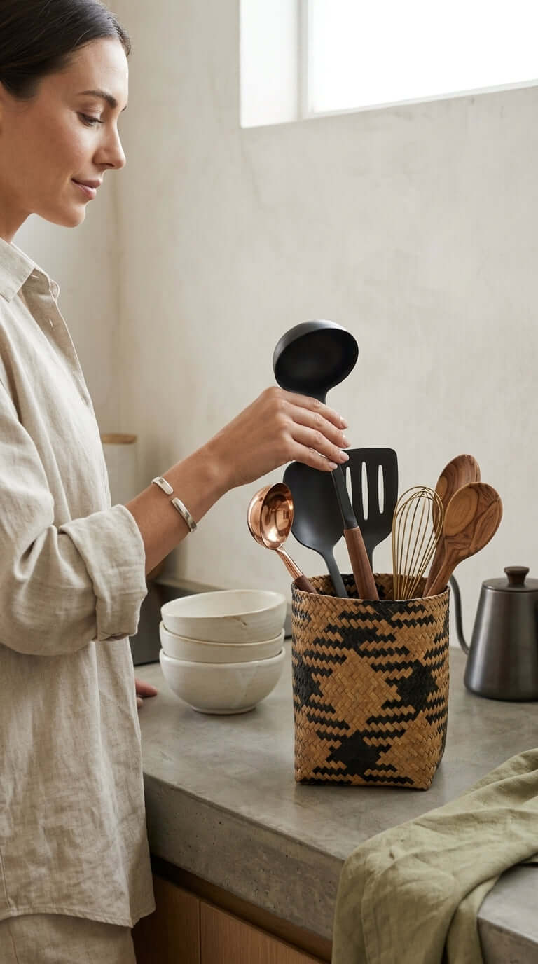 A woman holding the ROM RA WIN Wicker Utensil Basket (Set of 2) filled with kitchen utensils in a stylish kitchen.