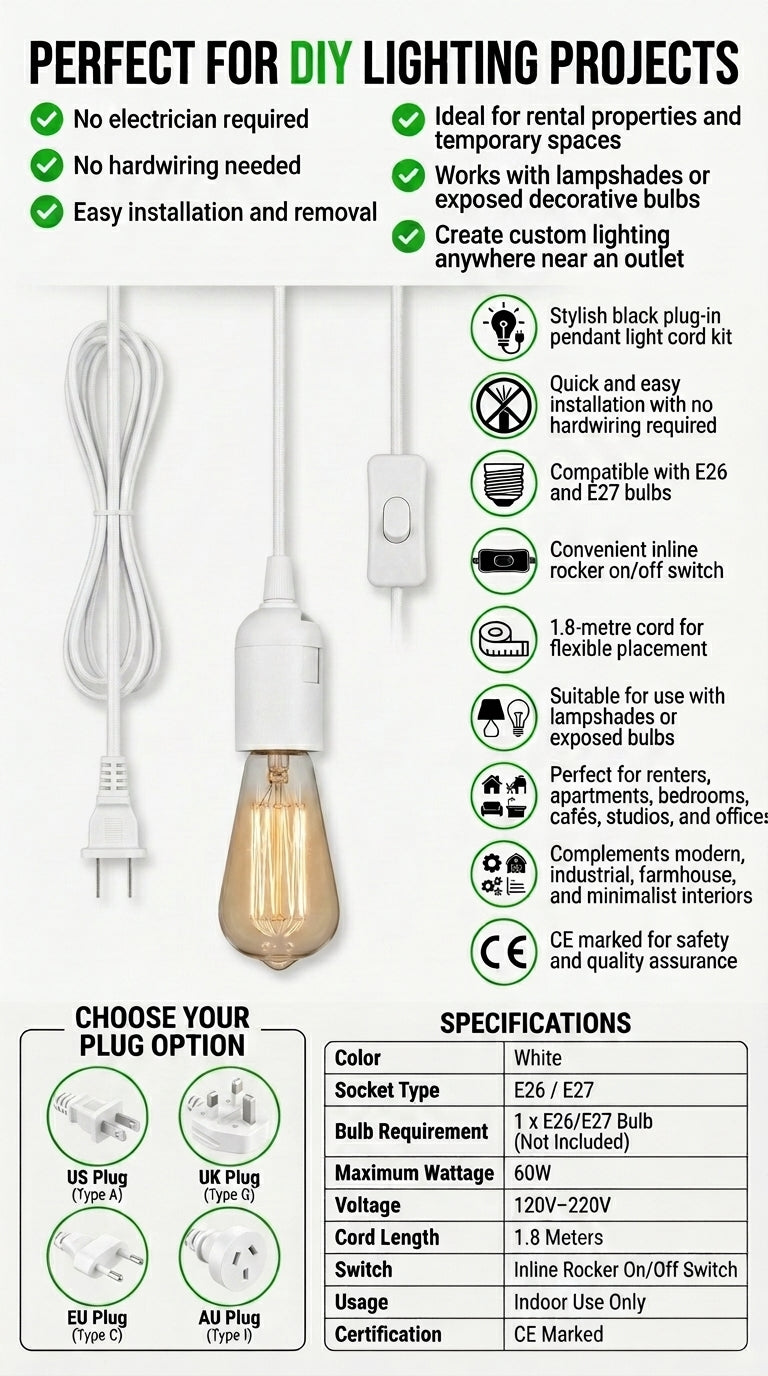 White Plug-In Pendant Light Kit with Switch (US, UK, EU & AU Plugs)