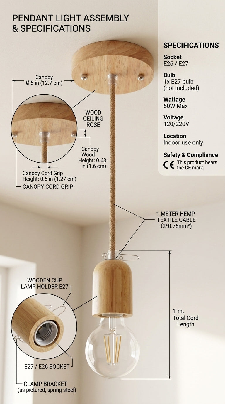Pendant Light Kit with Hemp Fabric Cord | E27 Ceiling Rose & Lamp Holder Set (Wooden and Natural)