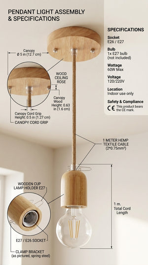 Pendant Light Kit with Hemp Fabric Cord | E27 Ceiling Rose & Lamp Holder Set (Wooden and Natural)
