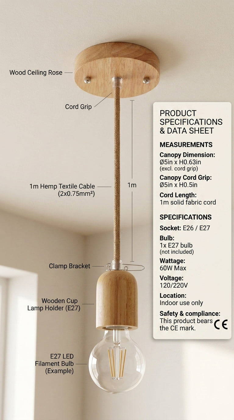 Pendant Light Kit with Hemp Fabric Cord | E27 Ceiling Rose & Lamp Holder Set (Wooden and Natural)