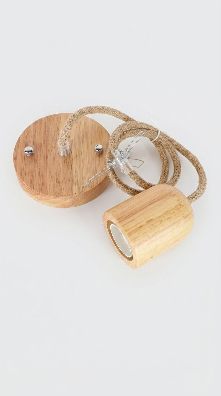 Pendant Light Kit with Hemp Fabric Cord | E27 Ceiling Rose & Lamp Holder Set (Wooden and Natural)
