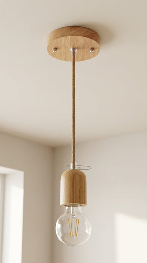 Pendant Light Kit with Hemp Fabric Cord | E27 Ceiling Rose & Lamp Holder Set (Wooden and Natural)