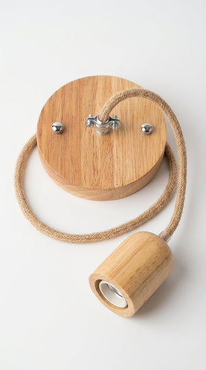 Pendant Light Kit with Hemp Fabric Cord | E27 Ceiling Rose & Lamp Holder Set (Wooden and Natural)