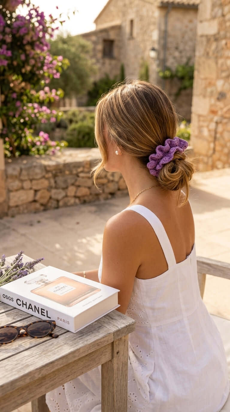 A woman wearing a Purple Tones - Hand Crochet Scrunchies in her hair, seated outdoors near flowers.