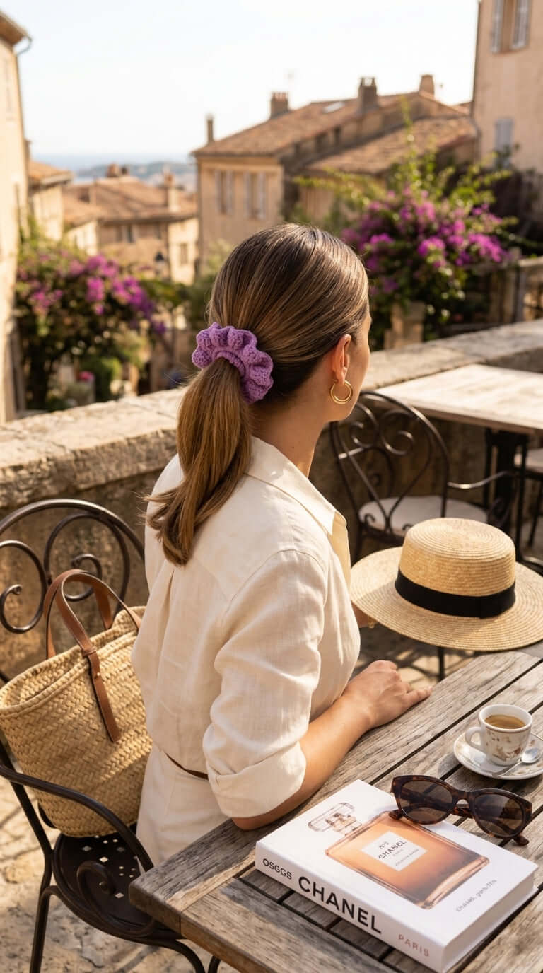 Woman sitting at a cafe wearing a Purple Tones - Hand Crochet Scrunchies in her hair, enjoying a chic day out.