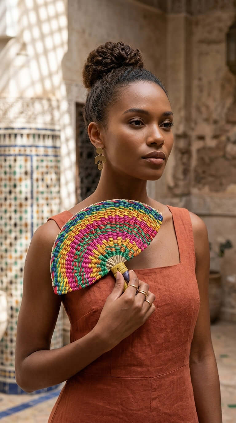 LA LA VAN – Handwoven Fan (Wall Hanging & Hand Fan) held by a woman, showcasing vibrant multicolour design.