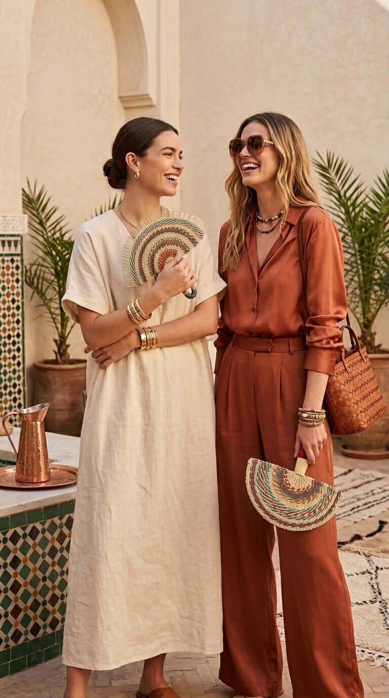 LA LA VAN – Handwoven Fan (Wall Hanging & Hand Fan) in use by two stylish women outdoors.