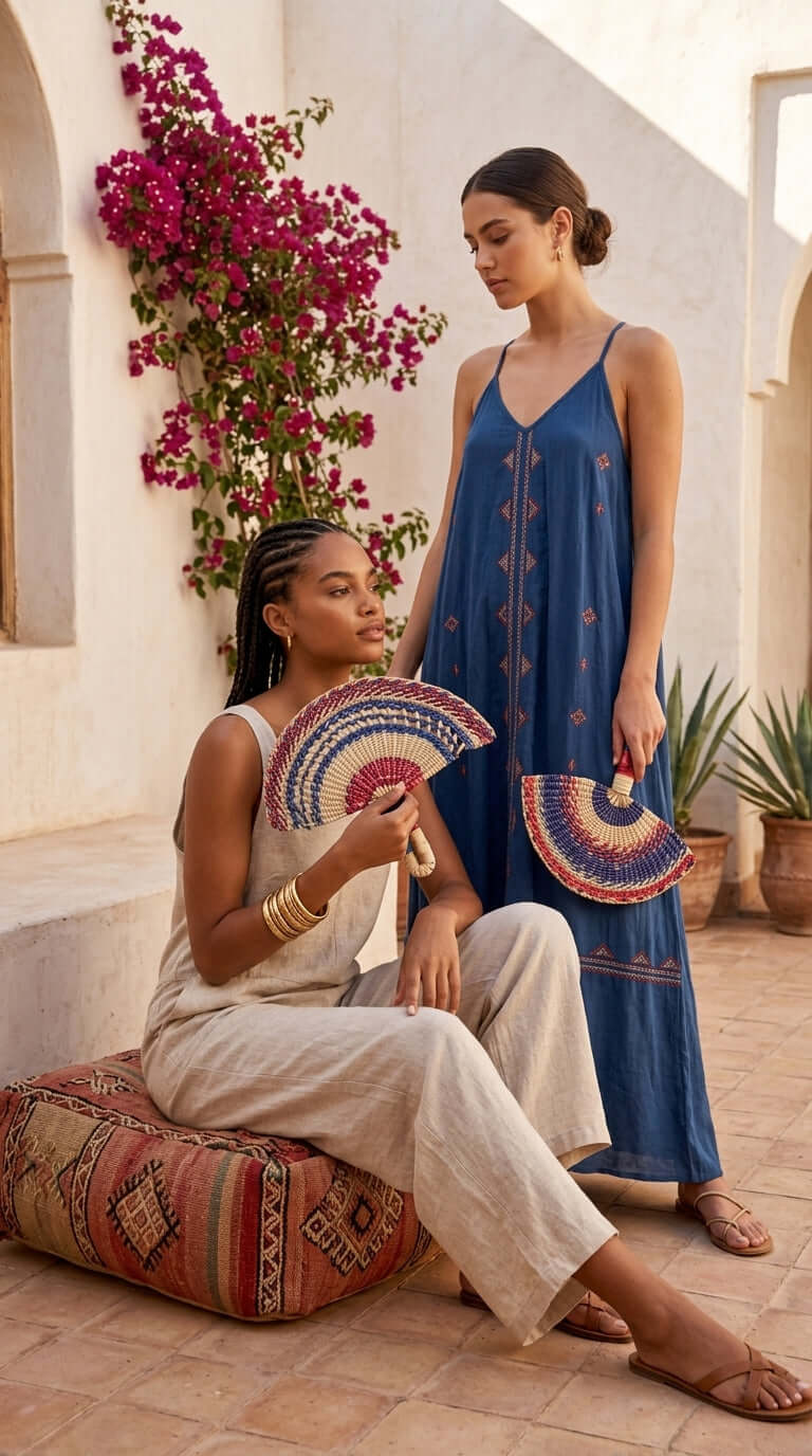 LA LA VAN – Handwoven Fan (Wall Hanging & Hand Fan) displayed by two women in a boho setting.
