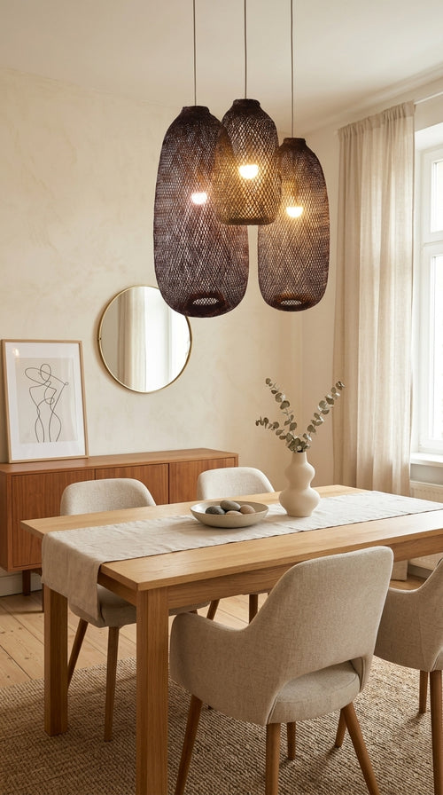 TEERAYA handwoven bamboo pendant light with natural woven texture, by Thai artisans