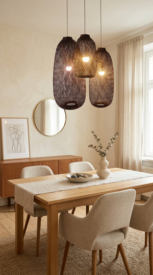 TEERAYA handwoven bamboo pendant light with natural woven texture, by Thai artisans