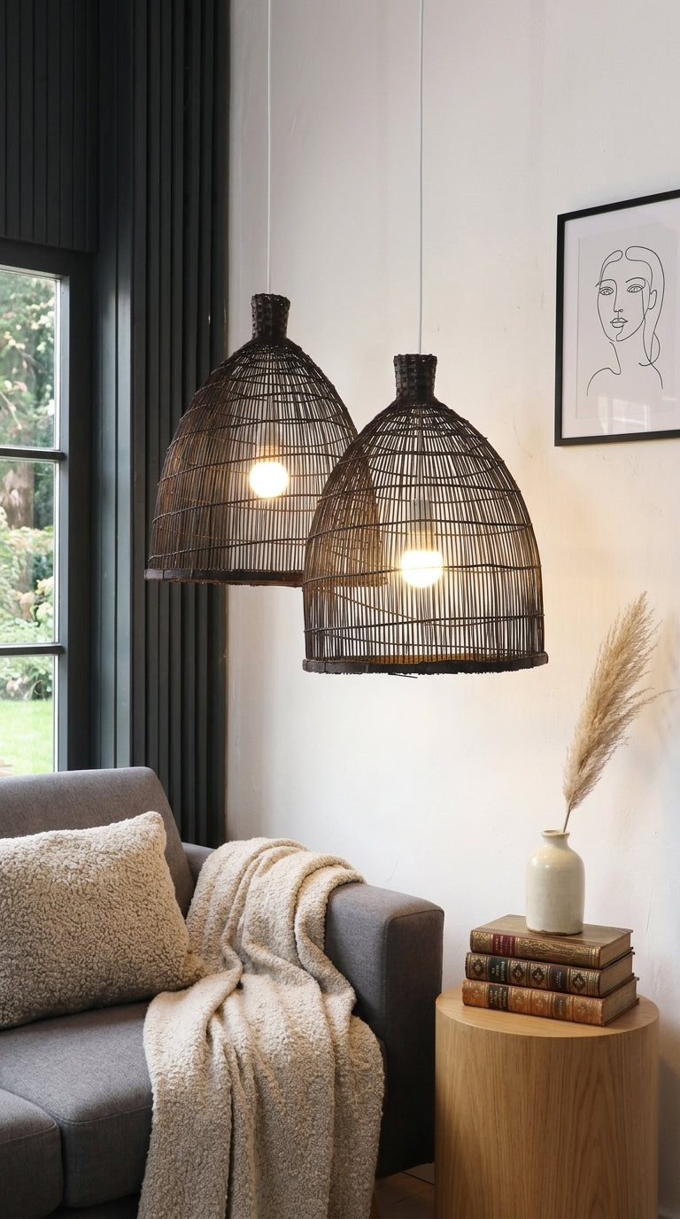 Handwoven bamboo pendant light shade with natural woven texture, by Thai artisans