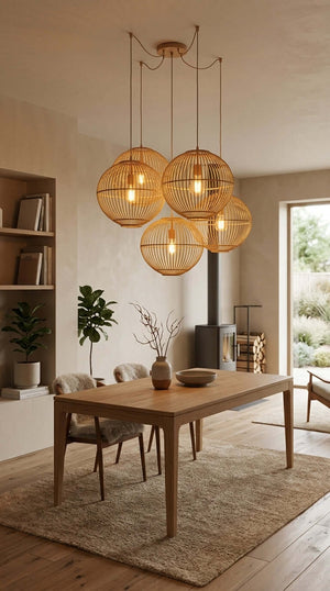 WARRADA handwoven bamboo pendant light with natural woven texture, by Thai artisans