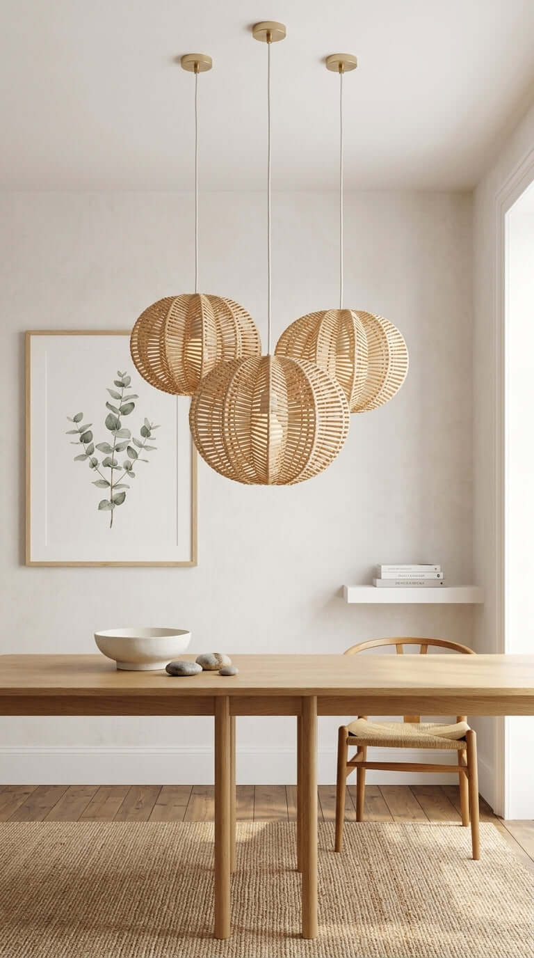 PALAVEE — handwoven rattan pendant light with an open weave that diffuses soft golden light
