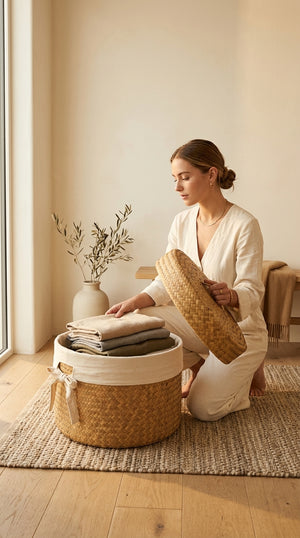 KAN DA Panier à linge tissé à la main avec poignées et couvercle