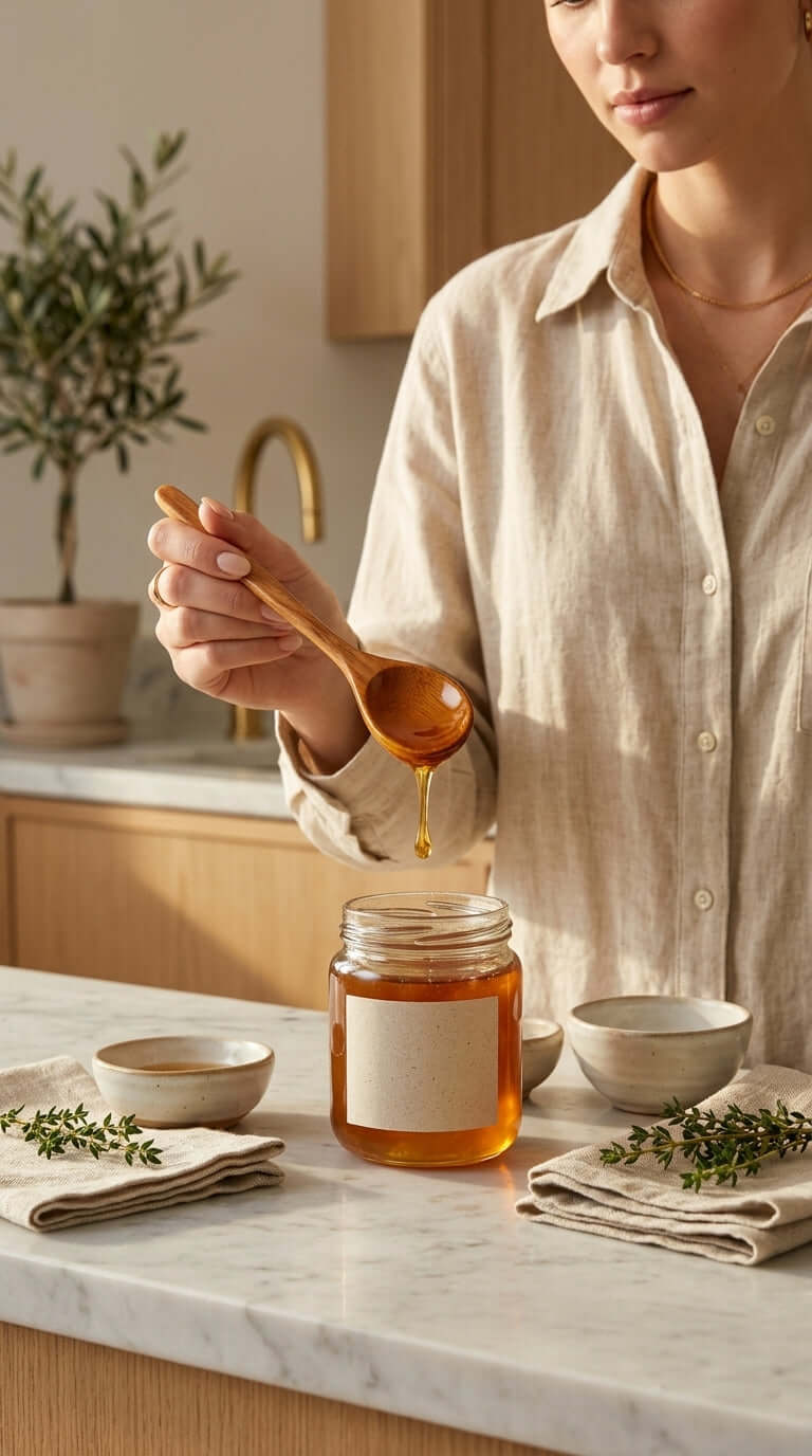 Person using a SU THI MA Wooden Honey Spoon to drizzle honey from a jar in a stylish kitchen setting.