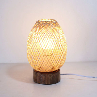 Bambus Nachttischlampe, handgeflochtener ovaler Schirm, Natur, Holzfuß, E27, 10 x 15 cm
